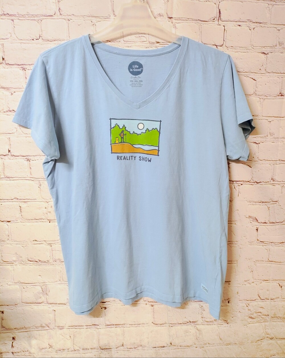 Life is a Good 2X Blue V Neck Crusher T " Camping Hiking" T Shirt